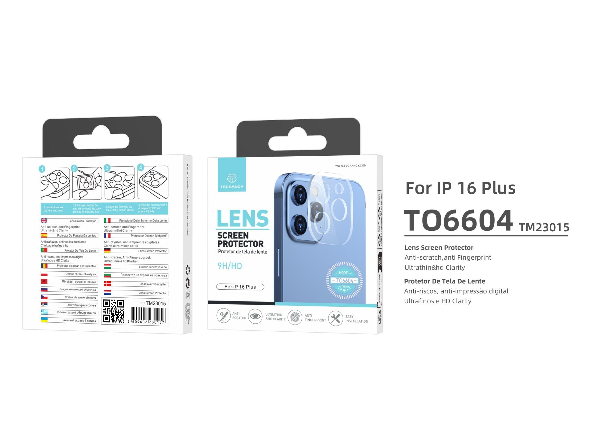 Techancy Protetor de Lente  para iPhone 16 Plus TO6604, 9H Anti-riscos, Anti-digital, Ultrafino e HD, Fácil de Instalar